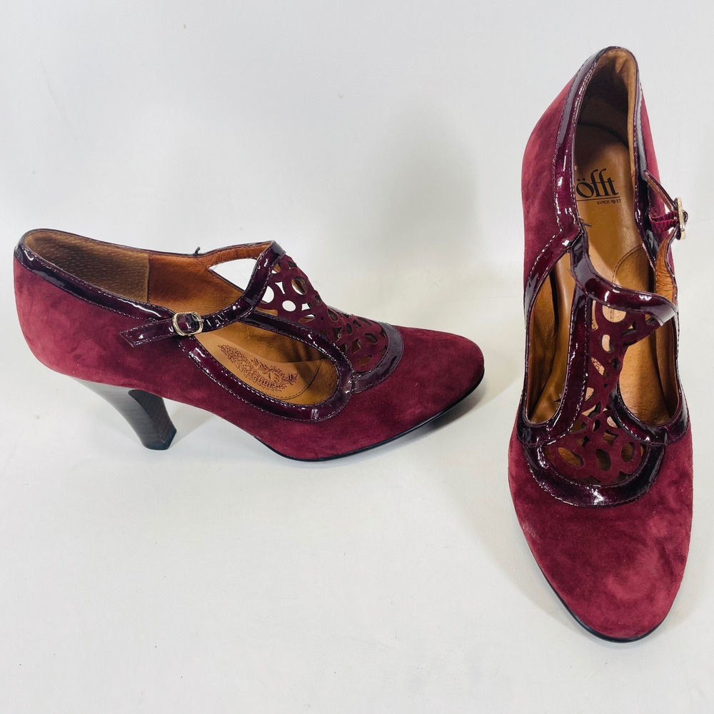 Sofft Womens Burgundy Suede Patent Leather T-Strap Mary Jane Heels Size 9M